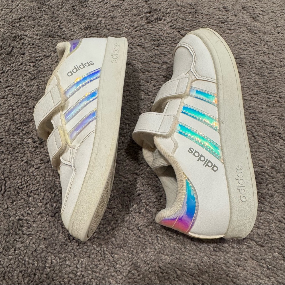 Adidas Kids Shoes - White with Iridescent Stripes